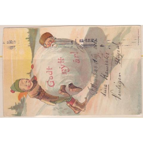 Godt Nytt År!Pojke rullar snöboll med man i, färgkort, skrivet 1900-talet.
