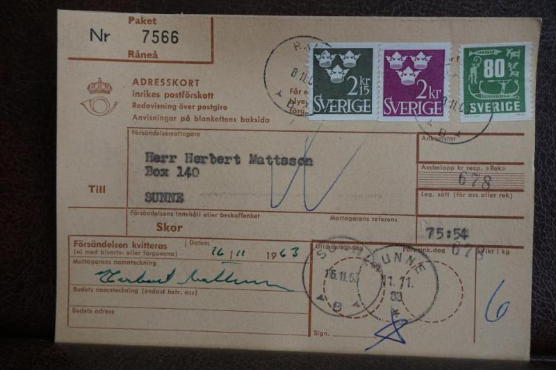 Frimärken på adresskort - stämplat 1963 - Råneå - Sunne