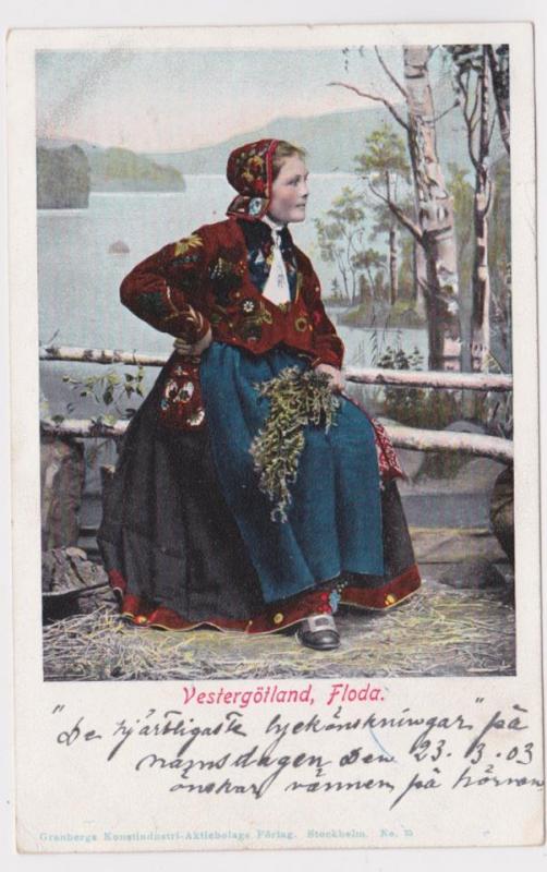 Vestergötland. Floda, dam i folkdräkt, skickat 1903.