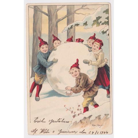 Max Hänel, Tomtenissar rullar en stor snöboll, ej sänt, hel baksida.