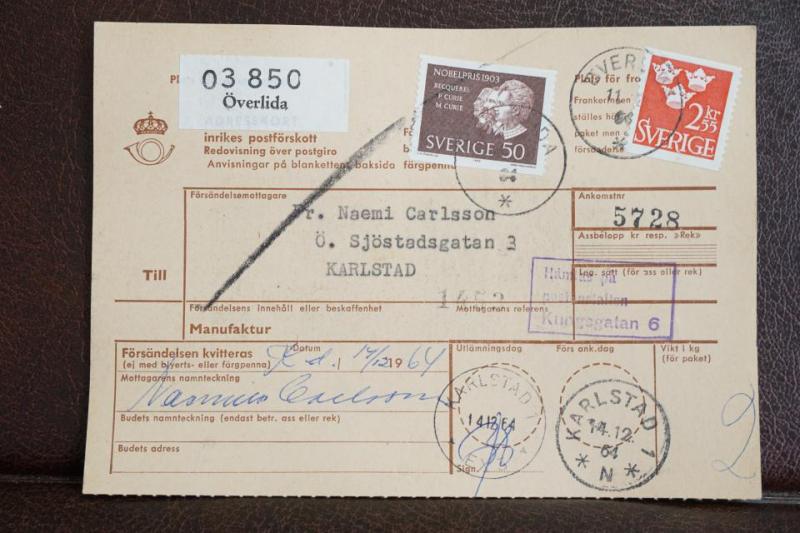 Frimärken på adresskort - stämplat 1964 - Överlida - Karlstad