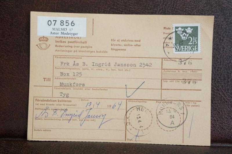 Frimärke på adresskort - stämplat 1964 - Malmö17 - Munkfors