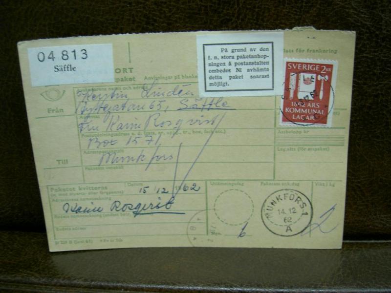 Paketavi med stämplade frimärken - 1962 - Säffle till Munkfors