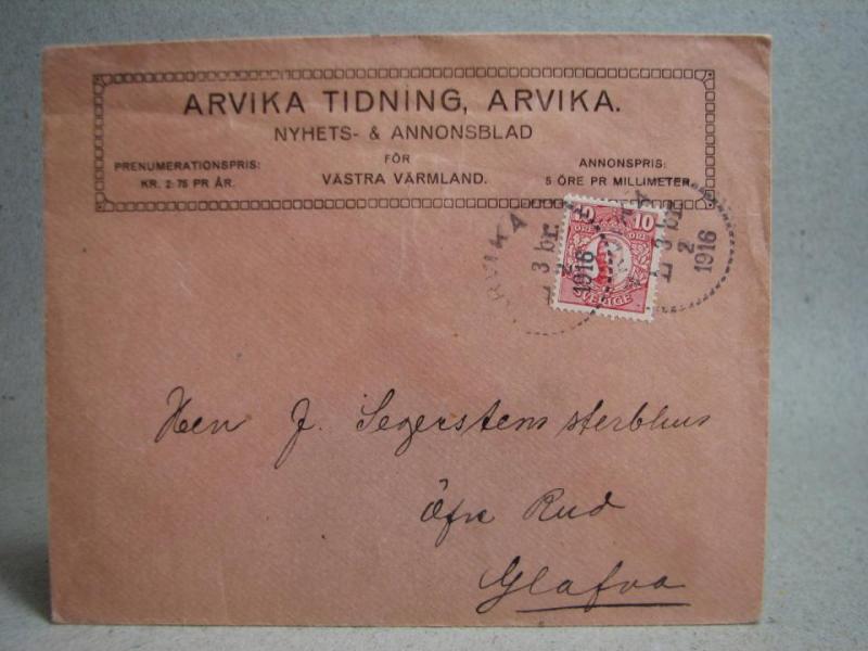 Försändelse med stämplat frimärke - Arvika 3/2 1916 - Arvika Tidning