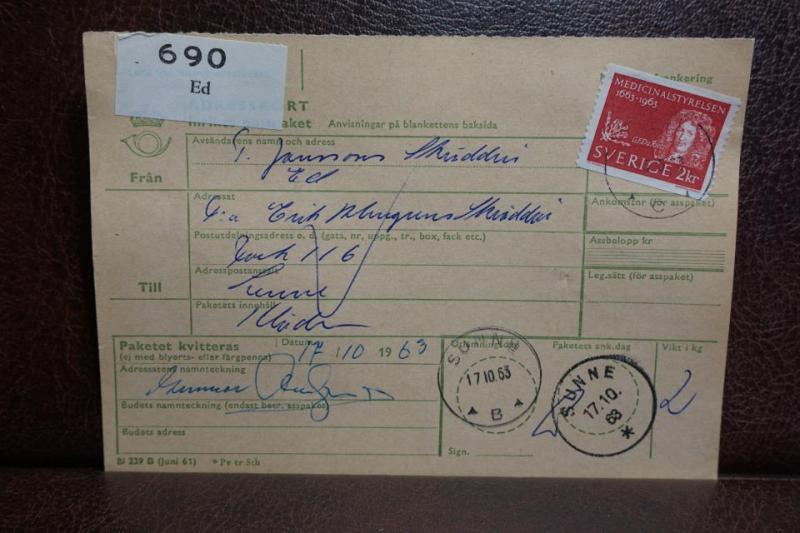 Frimärke  på adresskort - stämplat 1963 - Ed - Sunne