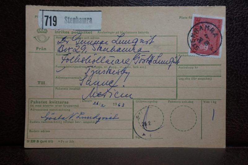 Frimärke  på adresskort - stämplat 1963 - Stenhamra - Sunne 