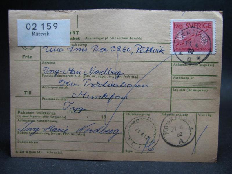 Adresskort med stämplade frimärken - 1962 - Rättvik till Munkfors