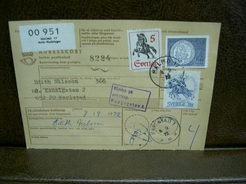 Paketavi med stämplade frimärken - 1972 - Malmö 17 till Karlstad 1