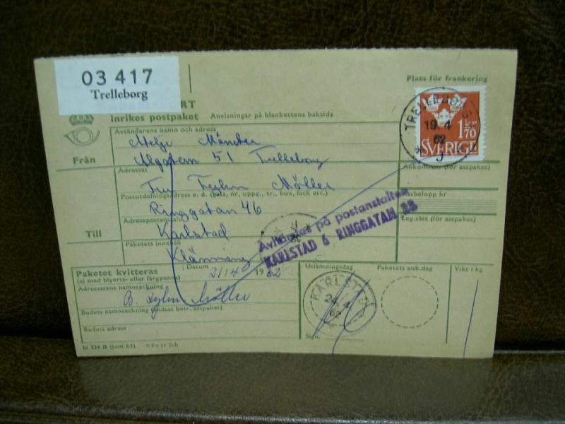 Paketavi med stämplade frimärken - 1962 - Trelleborg 1 till karlstad