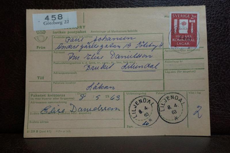 Frimärke  på adresskort - stämplat 1963 - Göteborg 22 - Liljendal