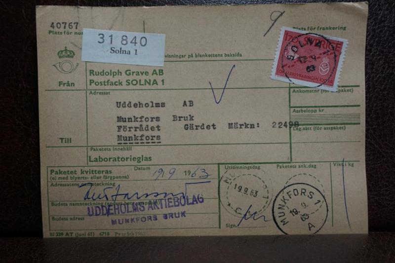 Frimärke  på adresskort - stämplat 1963 - Solna 1 - Munkfors