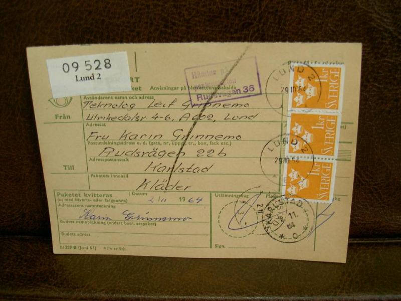 Paketavi med stämplade frimärken - 1964 - Lund 2 till karlstad