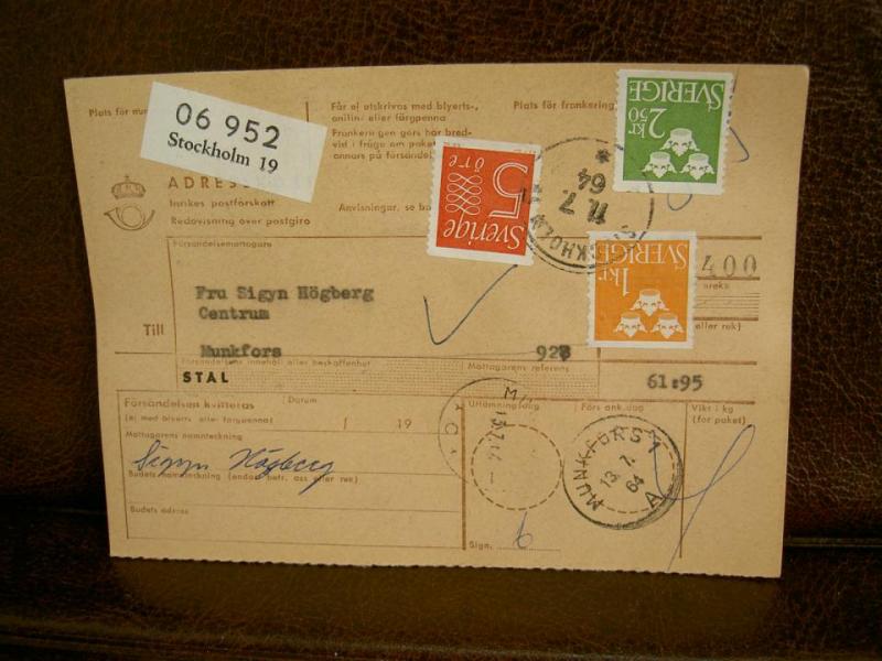 Paketavi med stämplade frimärken - 1964 - Stockholm 19 till Munkfors