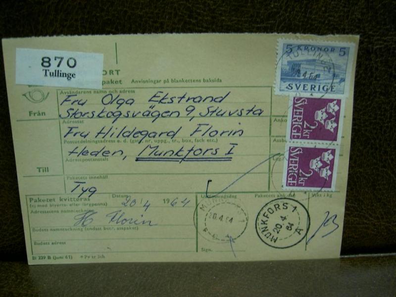 Paketavi med stämplade frimärken - 1964 - Tullinge till Munkfors 1