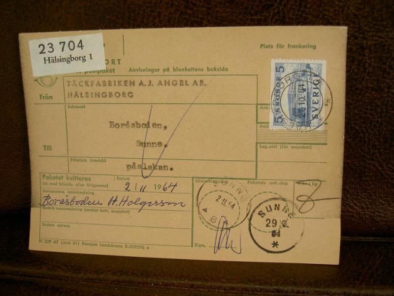Paketavi med stämplade frimärken - 1964 - Hälsingborg 1 till Sunne