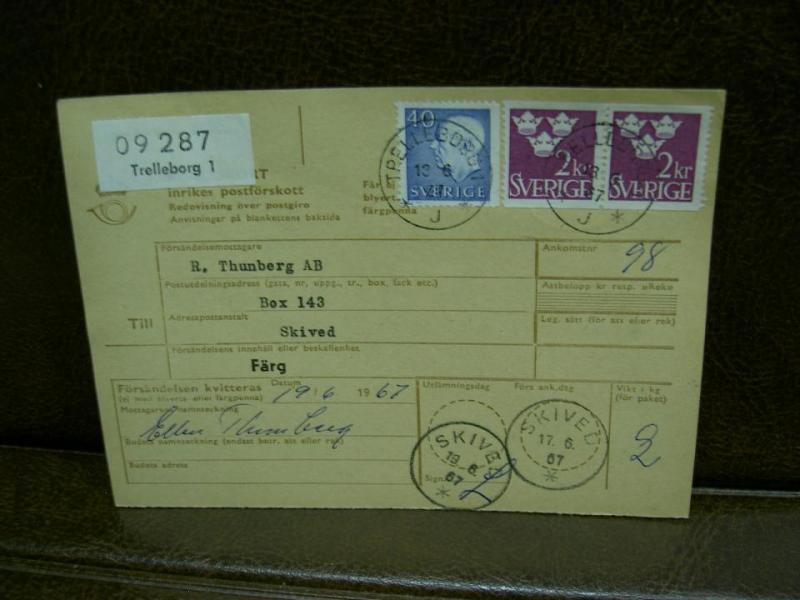 Paketavi med stämplade frimärken - 1967 - Trelleborg 1 till Skived