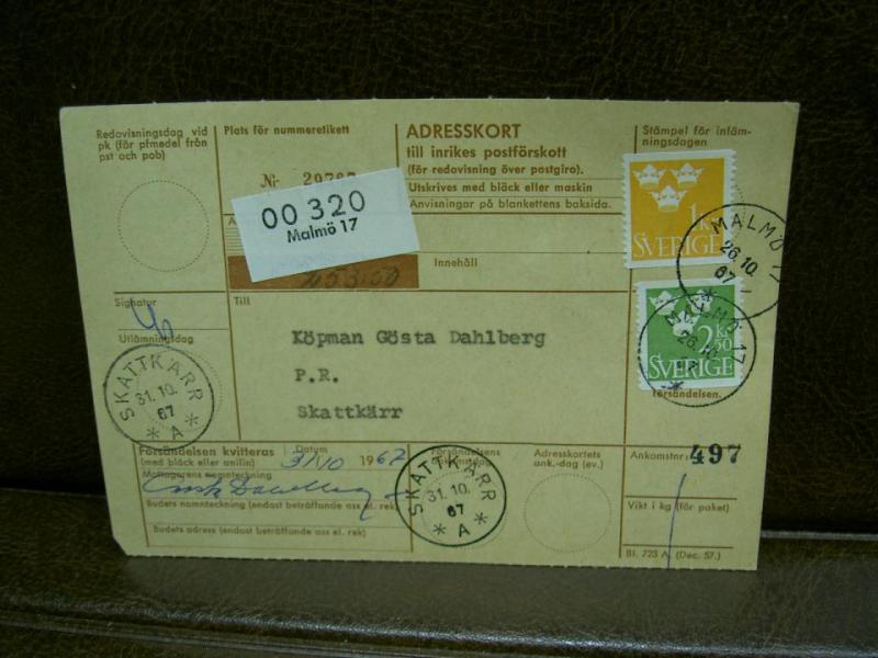 Paketavi med stämplade frimärken - 1967 - Malmö 17 till Skattkärr