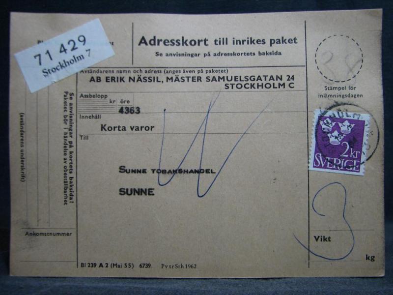 Adresskort med stämplade frimärken - 1964 - Stockholm till Sunne