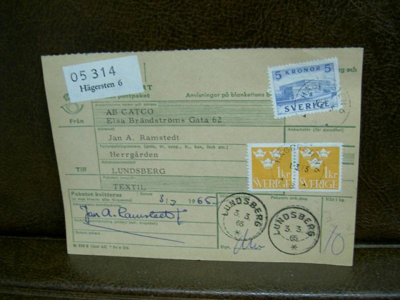 Paketavi med stämplade frimärken - 1965 - Hägersten 6 till Lundsberg