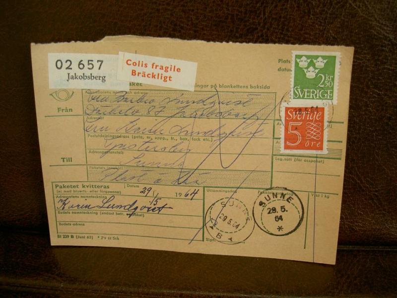 Bräckligt + Paketavi med stämplade frimärken - 1964 - Jakobsberg till Sunne