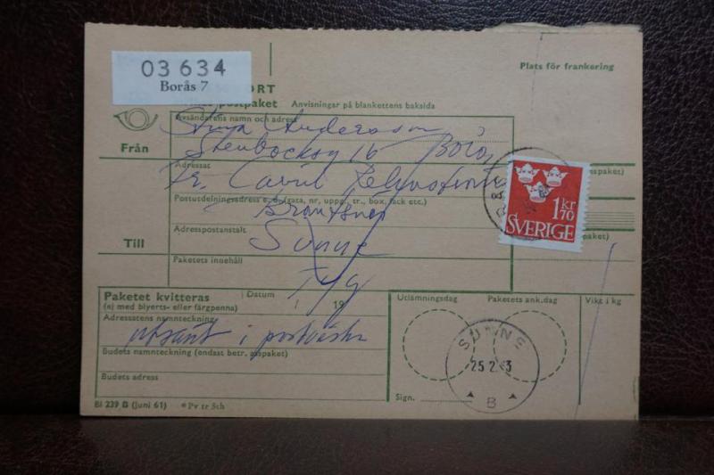 Frimärke  på adresskort - stämplat 1963 - Borås 7 - Sunne 