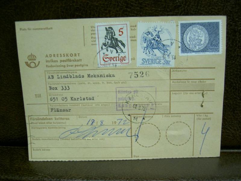 Paketavi med stämplade frimärken - 1972 - Huddinge till Karlstad 1