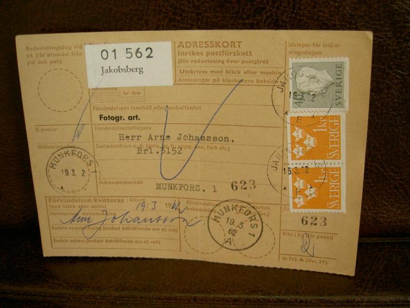 Paketavi med stämplade frimärken - 1962 - Jakobsberg till Munkfors