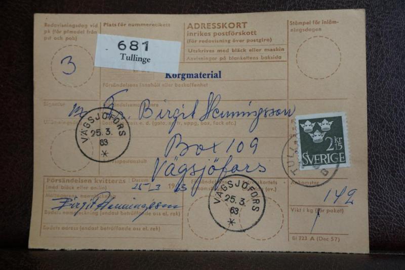 Frimärke  på adresskort - stämplat 1963 - Tullinge - Vägsjöfors