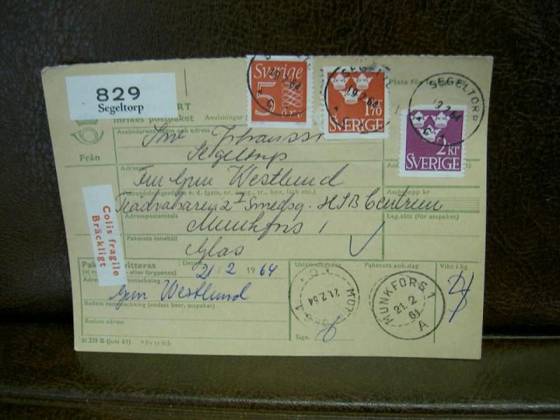 Bräckligt + Paketavi med stämplade frimärken - 1964 - Segeltorp till Munkfors