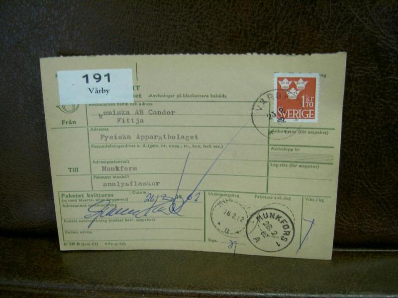 Paketavi med stämplade frimärken - 1962 - Vårby till Munkfors