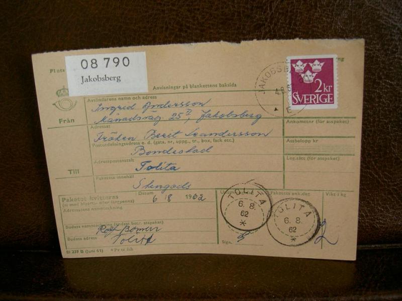 Paketavi med stämplade frimärken - 1962 - Jakobsberg till Tolita