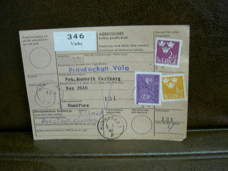 Paketavi med stämplade frimärken - 1962 - Vårby till Munkfors