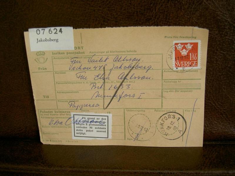 Paketanhopning + Paketavi med stämplade frimärken - 1962 - Jakobsberg till Munkfors