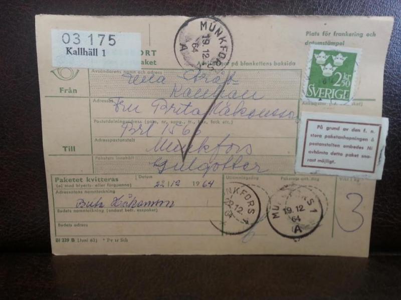 Frimärke på adresskort - stämplat 1964 - Kallhäll 1 - Munkfors 