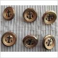 6 äldre fina mässingsfärgade metallknappar med svart ankare i relief 17 mm
